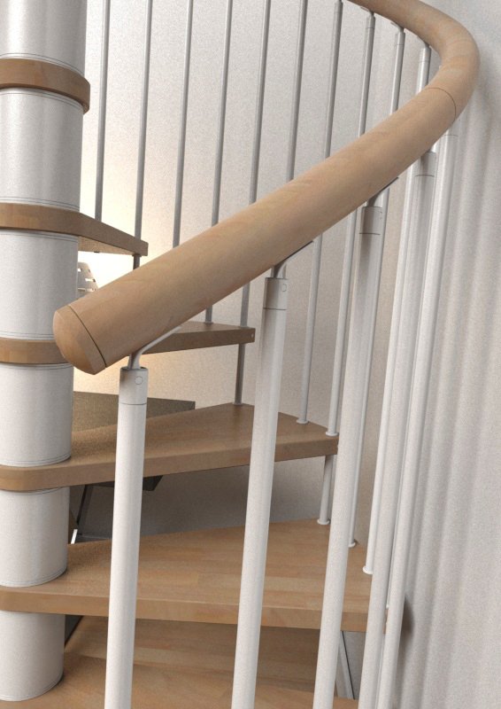 Detail houten leuning van de Rondo spiltrap
